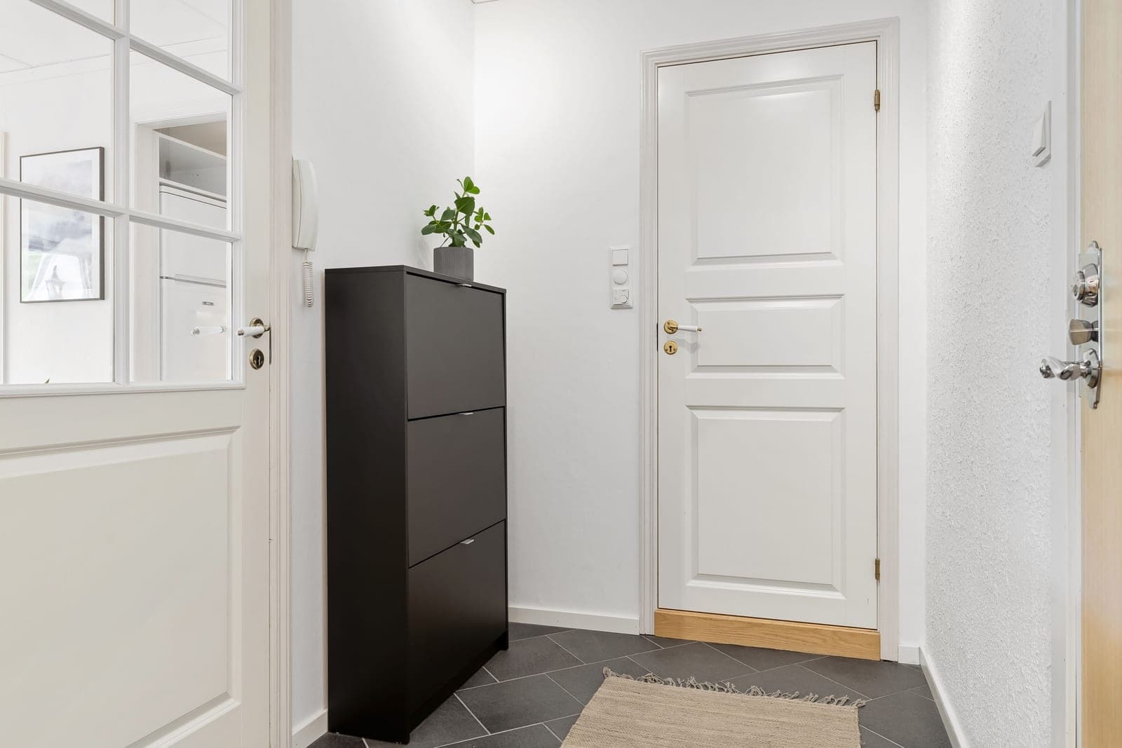 A door in a bright apartment hallway